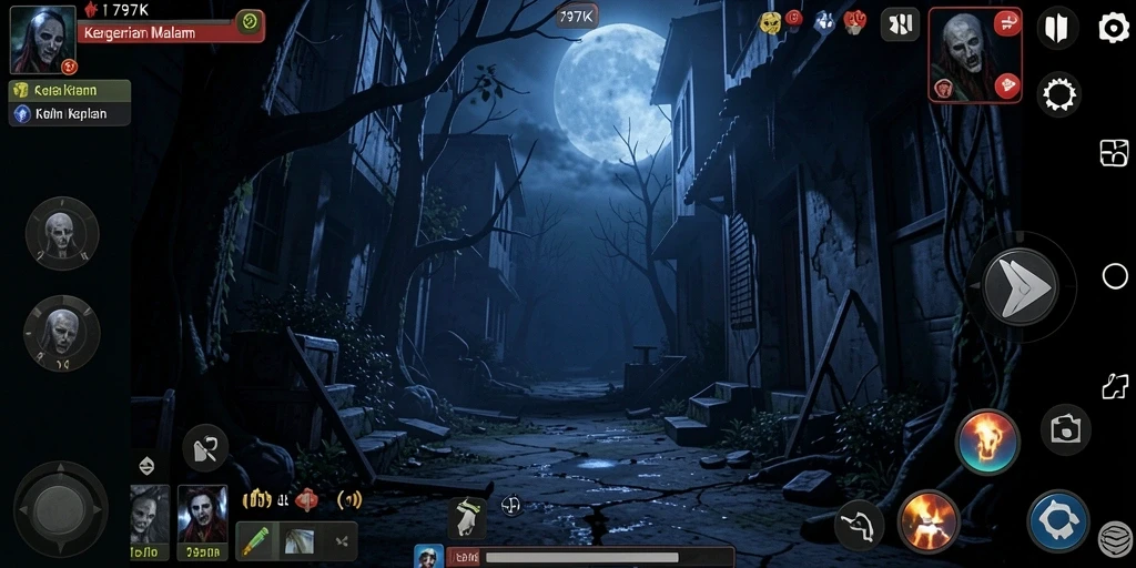Screenshot menampilkan suasana gameplay mencekam dalam kegelapan.