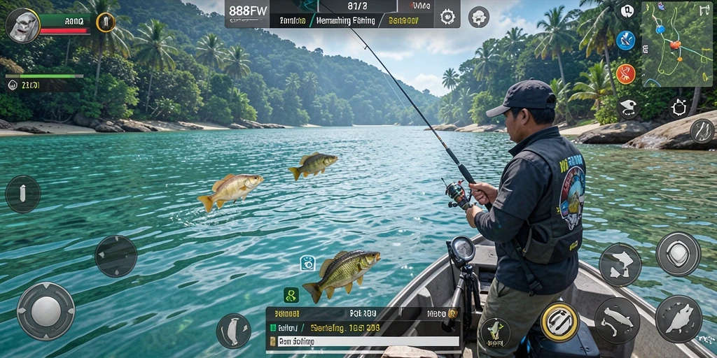 Gambar gameplay <strong>888FW</strong> menampilkan aksi memancing yang menegangkan.