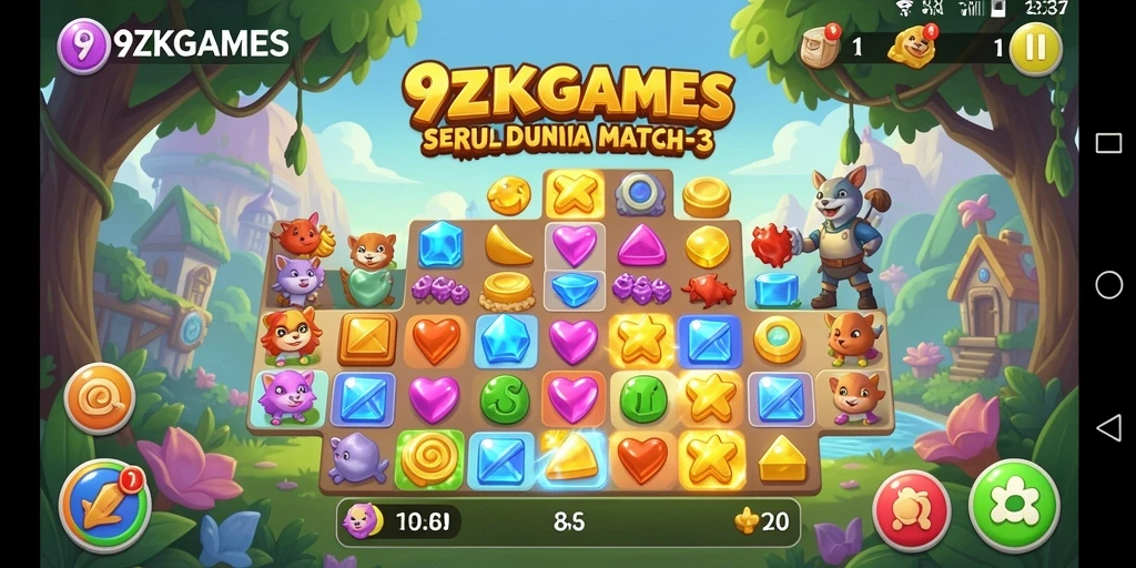 Screenshot gameplay 9ZKGAMES yang menunjukkan aksi mencocokkan elemen.