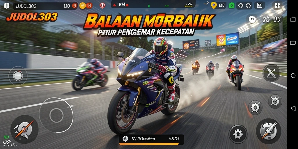 Screenshot gameplay JUDOL303 menampilkan balapan motor yang intens dan mendebarkan.