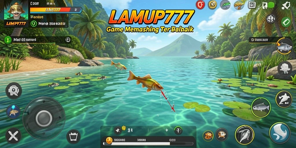 Screenshot LAMPU777 menampilkan pemain sedang memancing di danau yang indah.