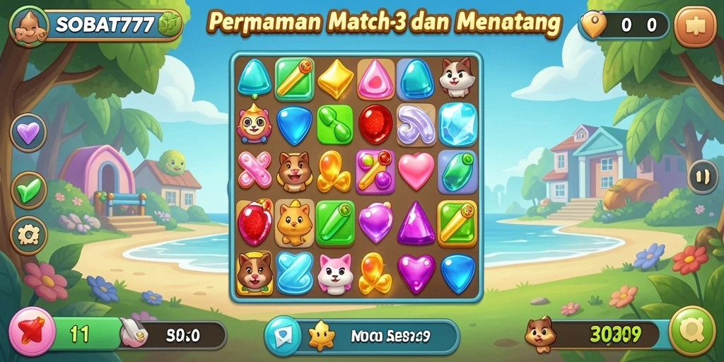 Tampilan gameplay seru SOBAT777 dengan kombinasi Match-3 yang menarik.