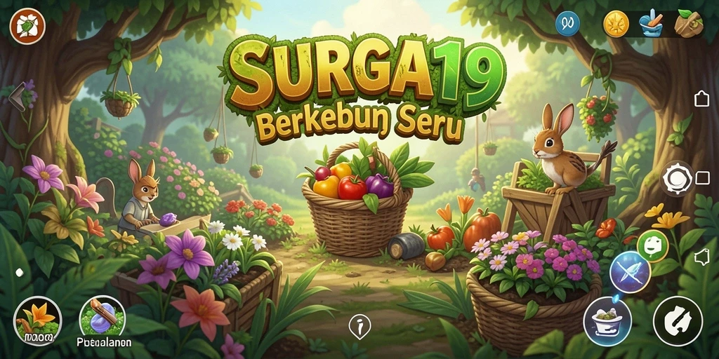 Tampilan gameplay <strong>SURGA19</strong> yang menarik dengan kebun yang subur dan beragam tanaman.